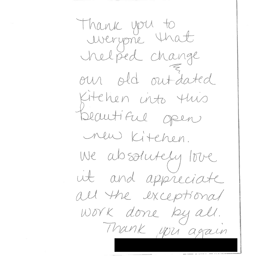 Milwaukee Kitchen Remodeling Customer Thank You Note